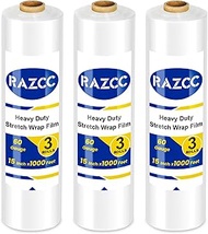 RAZCC Stretch Film, Stretch Wrap Industrial Strength, Shrink Wrap for Pallet Wrap, Heavy Duty Clear Plastic Wrap with Handles, Moving Wrapping Plastic Roll, 15 x 1000 Ft Per Roll, 60 Gauge, 3 Pack