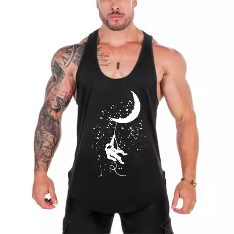 Space Astronaut Climb The Moon Funny Gym Tank Tops Mens Bodybuilding Fitness Sleeveless Vest Mesh Qu