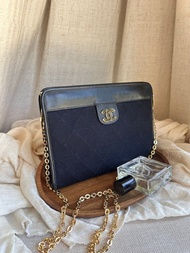 Vintage Chanel 中古香奈兒深藍菱格布面拼皮手拿包斜背包
