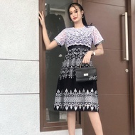 Dress Batik Wanita Modern Brokat Mix Katun Midi Lengan Pendek Pesta Natal Silver Putih