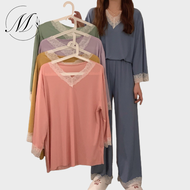 Women Korean Lace Ice Silk Pajamas Set V-Neck Sleepwear Macaroon Color Baju Tidur Wanita Pyjamas