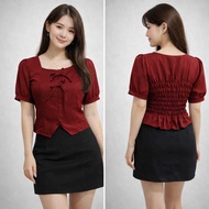 LATEST KOREAN FASHION WOMEN'S TOPS, SHORT-SLEEVED RIBBON TOPS, KOREAN FASHION WOMEN'S TOPS