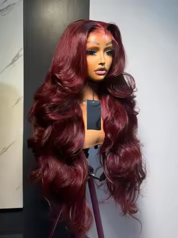 200% 34 Inch Body Wave 99J Burgundy Color Human Hair Wigs 13x4 HD Transparent Lace Frontal Wigs 99J 