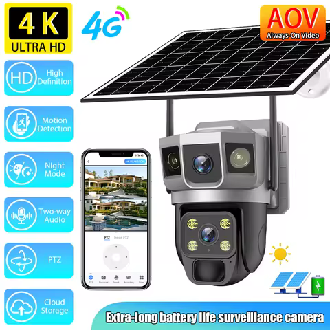 8MP AOV Ultra Long Battery Life Solar Powered Dual Lens Surveillance Camera Outdoor 4G Wireless PTZ 