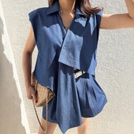 25-15712 Women's Suit. Women's Sleeveless Pad Shoulder Irregular Shirt + Shorts Set