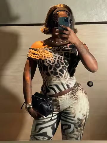 Weird Puss Leopard Print Fashion 2 Piece Set Women Slash Neck Backless Top+Skinny Peach Hip Crop Pan