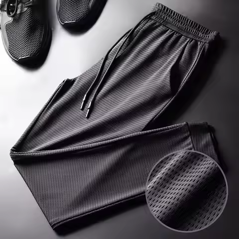 Ice Silk Men's Summer Sporty Casual Pants Thin Loose Fit Air Conditioning Elasticated Cuffed Trouser