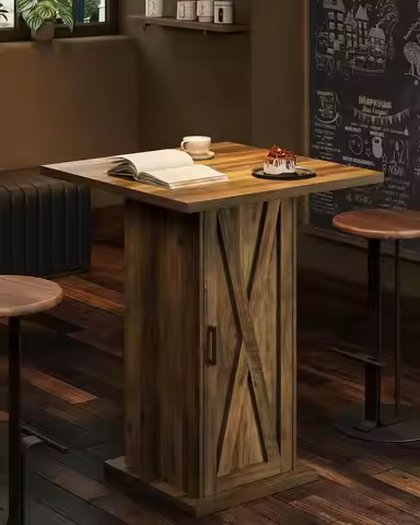 Bar Table with Storage Cabinet, 39.4" H Square High Top Pub Table, Wood Bistro Cocktail Table, Farmh