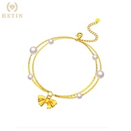 [HETIN] 999 Pure Gold Bow Bracelet Gold Pearl Bracelet