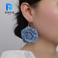 DOOURPH Denim Blue Fabric Earrings, Denims Exaggerate Blue Rose Earrings, Ornament Handmade Flower E