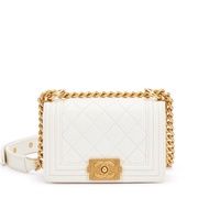 Chanel White Quilted Caviar Mini Boy Bag Aged Gold Hardware