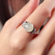 冰種白翡翡翠蛋面戒指 925純銀 | 天然緬甸玉翡翠A貨 | 送禮