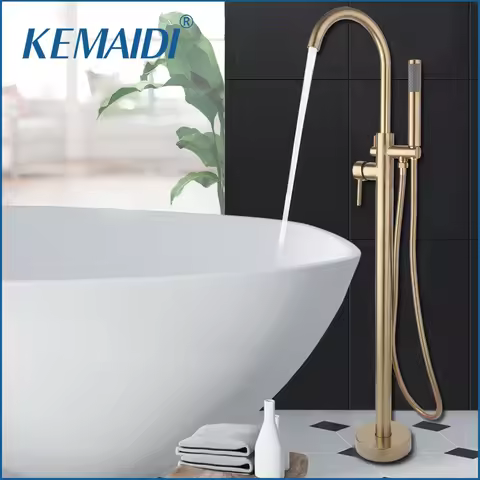 KEMAIDI Floor Stand Bathtub Faucet Mixer Brushed Gold Mixer Tap 360 Rotation Spout With Handshower B