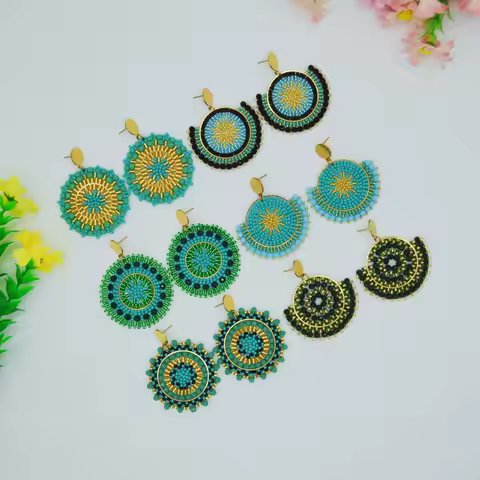 Beaded earrings Green Bohemia Crystal Versatile Hand knitting Roundness Design Alloy Versatile Femal