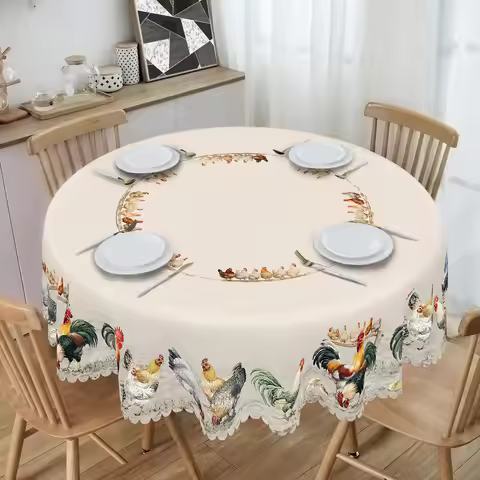 1 Piece of Retro Farm Rooster, Hen and Chick Pattern Tablecloth, Farmhouse Style Spring and Summer D