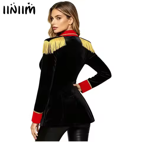 Womens Circus Ringmaster Majorette Cosplay Costume Fringe Epaulet Velvety Outerwear Long Sleeve Tass