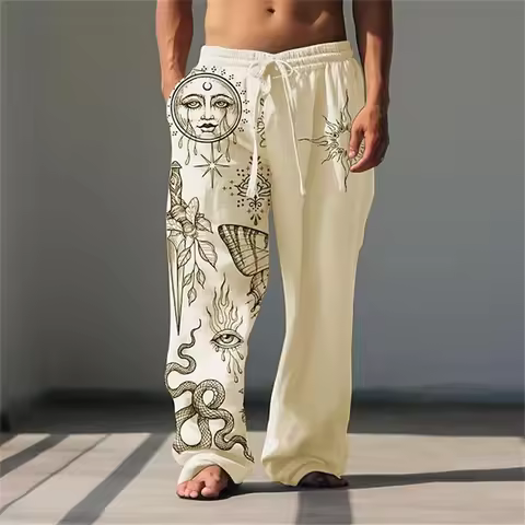 Men's Casual Pants With 3D Line Print, Relaxed-Fit Wide-Leg Loose Drawstring Design For Comfortable 