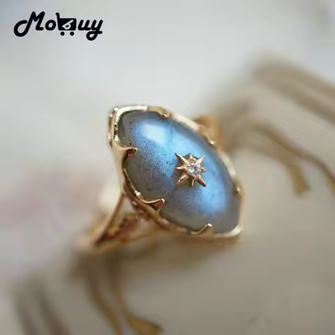 MoBuy Natural Gemstone Labradorite Ring For Women 925 Sterling Silver Gold Vermeil Jewelry Vintage W