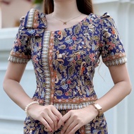HM-(Whole Set) Navy Blue Batik Dress 2-Piece Set Shirt + Ready-Made Sarong Of Floral Cloth Square Ne