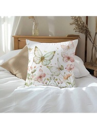 1入組 45*45公分 蝴蝶與花朵設計 優雅舒適春季氛圍枕套，使用桃皮面料，適用於打造春季氣息和日常家居裝飾，寢室、床、客廳、花園、沙發、椅子適用