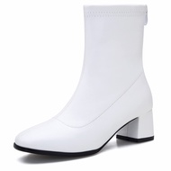 WSKEISP Women's GO GO Ankle Boots Patent leather PU Square Toe Mid Calf Boots Low Block Heel Booties