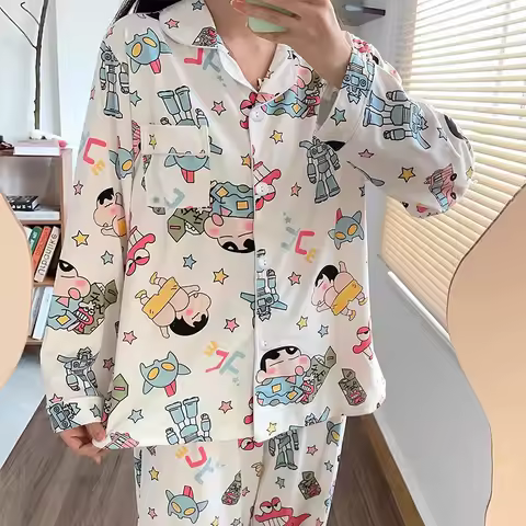 Women Crayon Shin-chan Button Down Pajamas Set Spring Long Sleeve pyjamas Cute Cartoon Print Comfort