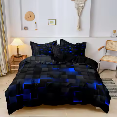 Black Square Geometric Duvet Cover Set 3D Square Pattern Comforter Cover Kids Teenagers Boys Bedroom