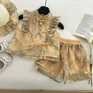 A ai2 Summer Girls Suit Embroidered Vest Vest Top Children Shorts New Chinese Style Two Sets20251028