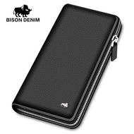 BISON DENIM branded Genuine Leather Men Wallet Long Zipper Clutch Purse Phone Wallet