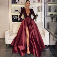 Feminine One-Shouldered Sequin Long Skirt - Long Sleeves & V-Neck Design