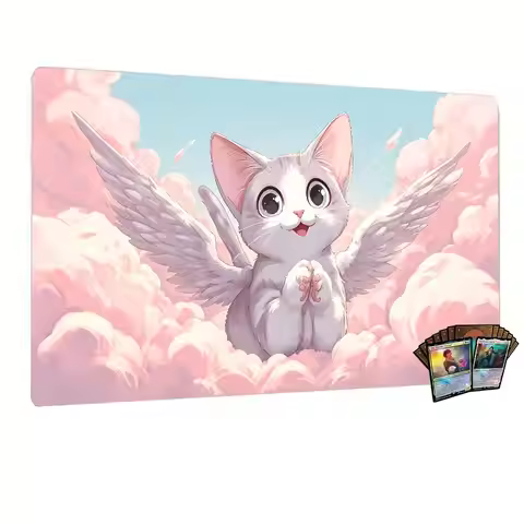 Kawaii Angel Wing White Cat on Pink Cloud Mouse Pad Playmat 24"X14" MTG TCG Office Desk Mat for Work
