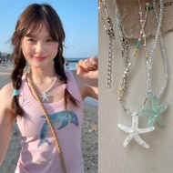 Dopamine Colored Beaded Sea Star Necklace for Girls Fashion Sweet Collarbone Chain Versatile Necklac