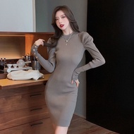 Clothes For Women 2021 Autumn Winter Korean Fashion Single Breasted Puff Sleeve Bodycon Wrap Hip Knit Dress Woman Sexy Vestidos