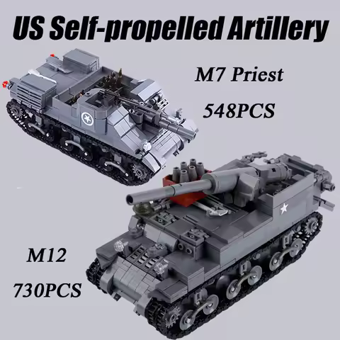 WW2 US Military M12 M7 Priest Self-propelled Artillery Building Blocks Army Soldier Figures Tank Mod