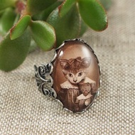 Brown Taupe Glass Cute Kitten Cat Vintage Filigree Adjustable Ring Jewelry Gift