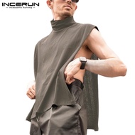 SG2 INCERUN Men Breathable Turtle Neck Sleeveless Side Split Solid Color Loose Tank Tops