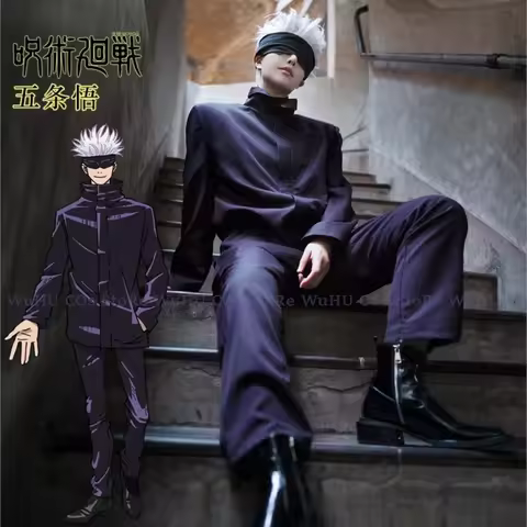 Anime JJK Gojo Satoru Cosplay Costume Tops Pants Eye Patch Gojo Satoru Wig Halloween Party Men Unifo