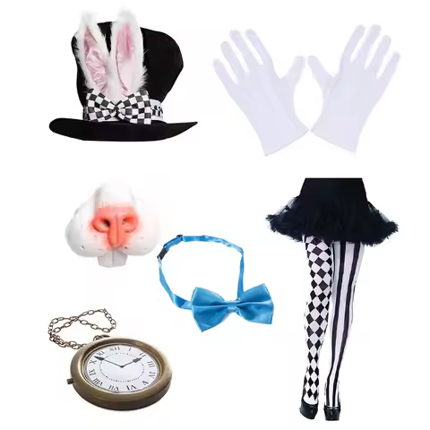 Pesenar White Rabbit Costume Set Crazy Hat Bunny Ear Top Glasses Bow Gloves Easter Halloween Accesso