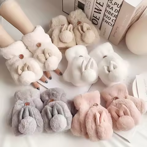 Kawaii Rabbit Fur Flip-Top Gloves - Plush Lined Half-Finger Mittens for Students | Cold Weather Hand