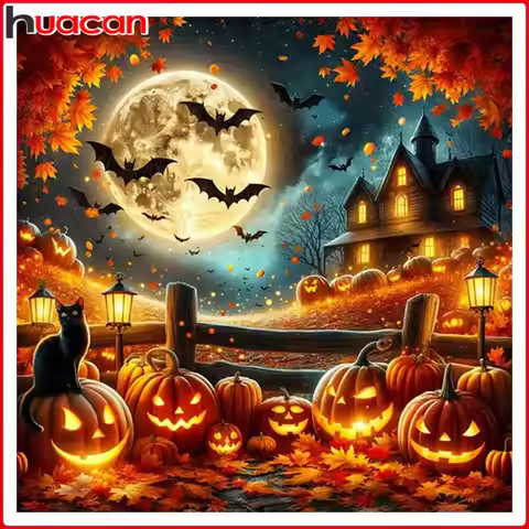 Huacan Halloween Party Diamond Painting New Arrivals 2025 Pumpkin Black Cat Diamond Mosaic Moon Set 
