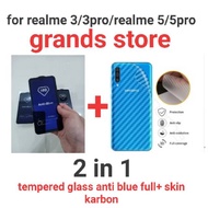 (2in1)Tempered glass Antiblue full+skin carbon realme C1/C2C3/C11/C12/C15/C17/3pr/5/5i/5s/5pr/6/7