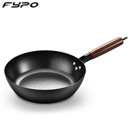 Fypo 28cm Cast Iron pan with wooden handle  Skillet Handmade Smokeless Fried Cook Pots Non-stick Wok Saucepan Cookware General use Induction Pan Gas Non-coated Pan Frying Pan Pancake Frying Egg Steak Pan Cooking Tools