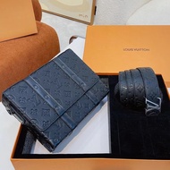 LV/Louis Vuitton (ready to ship + box + original) Black flower (24cm) New men s leather belt ➕ messenger bag set
