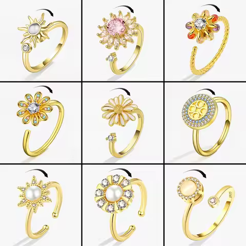 Rotating Anxiety Fidget Rings For Women Sunflower Crystal Anxiety Relief Spinning Anti Stress Ring K