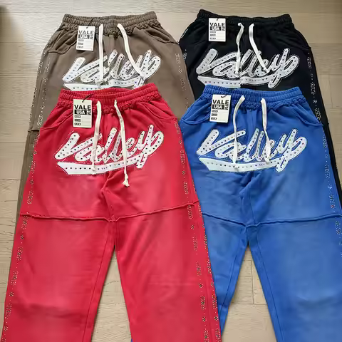 Unisex VALLEY Raw Edge Rhinestone Valley Script Drawstring Loose Casual Pants