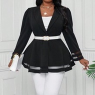 Spring And Summer Autumn And Winter Elegant Black Knitted Contrast Mesh Lapel Bishop Sleeve Long Sle