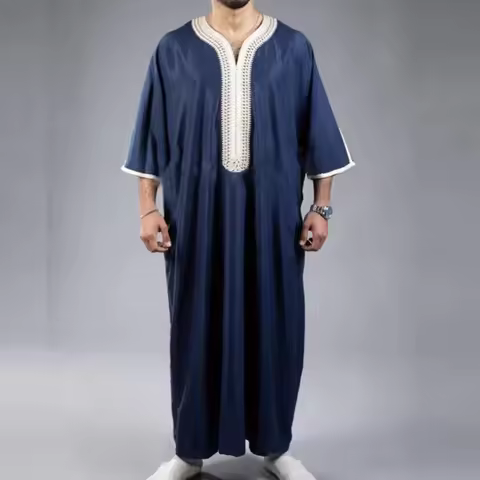 New Red Round Neck Embroidery Middle East Juba Men Muslim Middle Sleeve Clothing Male Saudi Arabia R