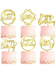 6入組金色生日蛋糕裝飾套裝，雙面閃爍亮片，亞克力生日星星蛋糕裝飾/杯子蛋糕裝飾，適用於兒童或成人生日派對裝飾。
