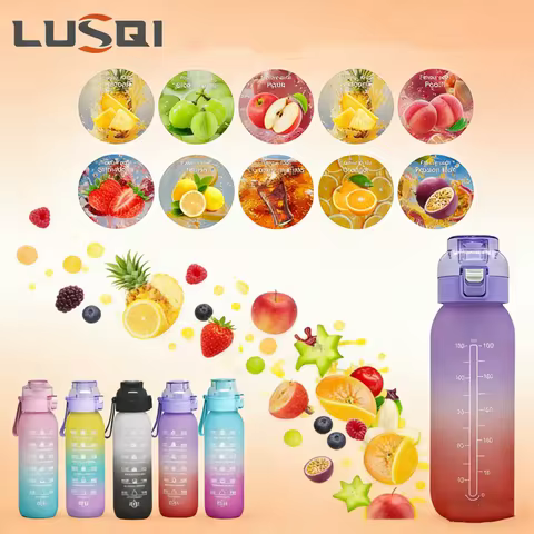LUSQI 1000ML Flavor Water Bottle With Straw & 9PCS Flavor Pods BPA Free Sports Water Bottle For Fitn
