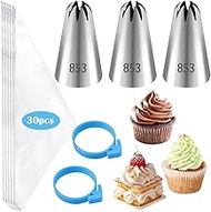 Piping Bags and Tips Set, 3pcs 853 Frosting Tip with 30 Disposable Pastry Bags, Stainless Steel Star